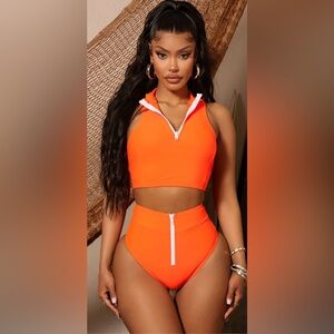 Vibrant Orange Zip-Up Two-Piece swim Set